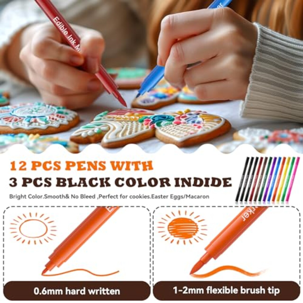 12 Pieces Edible Markers for Cookie Decorating, Food Coloring Pens, Double Side Food Grade Pens with Fine & Thick Tip for Decorating Fondant, Cakes, Cookies, Easter Eggs, Frosting, Macaron